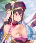  1boy 1girl asahi_(fullmetal_madness) bangs bare_shoulders blush breast_grab breasts brown_hair fate/grand_order fate_(series) grabbing hat hetero large_breasts long_hair paizuri red_eyes xuangzang_sanzang_(fate) 