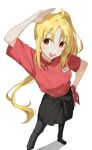  1girl :d ahoge arm_up black_footwear black_pants black_skirt blonde_hair blush bocchi_the_rock! breast_pocket commentary_request from_above hand_on_own_hip highres ijichi_nijika kanaria_hisagi long_hair name_tag open_mouth pants pocket red_shirt shirt short_sleeves side_ponytail skirt smile solo standing teeth tongue translation_request upper_teeth_only 