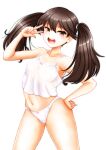  1girl breasts brown_eyes brown_hair camisole highres kantai_collection long_hair navel open_mouth panties round_teeth ryuujou_(kancolle) ryuujou_kai_ni_(kancolle) small_breasts solo teeth twintails underwear underwear_only upper_teeth_only ura_tomomi white_camisole white_panties 