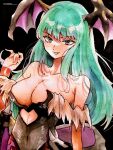  1girl black_background black_leotard breasts cleavage clothing_cutout collarbone franyan_oxo green_eyes green_hair head_wings heart_cutout highres leotard long_hair looking_at_viewer morrigan_aensland open_mouth smile solo strapless strapless_leotard traditional_media upper_body vampire_(game) wings 