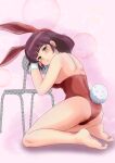  1girl absurdres animal_ears ass brown_hair fake_animal_ears green_eyes highres leotard looking_at_viewer miyake_shinobu playboy_bunny rabbit_ears rabbit_tail red_leotard smile solo tail takahashi_rumiko_(style) takinomori_momiji urusei_yatsura wrist_cuffs 