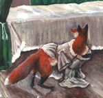 after_transformation bedroom canid canine clothed clothing dress dressing female feral fox fur gown lady_into_fox mammal orange_body orange_fur oversized_clothing partially_clothed rjdaae solo wife