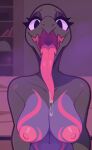 anthro areola black_body bodily_fluids breasts dvdshka female generation_7_pokemon looking_at_viewer mouth_shot nintendo nipples nude open_mouth pheromones pokemon pokemon_(species) purple_eyes reptile salazzle saliva scalie smile solo tongue tongue_out