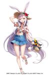  1girl alternate_costume animal_ear_headwear animal_ears azur_lane bag blue_skirt collared_shirt crop_top flower front-tie_top full_body hair_flower hair_ornament hand_on_own_head hand_up handbag hat hikimayu holding holding_bag long_hair midriff navel open_mouth osisio print_shirt rabbit_ears rabbit_girl sandals shimakaze_(azur_lane) shirt skirt smile standing standing_on_one_leg straw_hat very_long_hair white_background white_hair yellow_eyes 