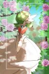  artist_name closed_eyes colored_skin dress flower gardevoir green_hair highres inset_border mega_gardevoir own_hands_together parted_lips pokemon pokemon_(creature) purple_flower purple_rose rose shiznar smile solo white_dress white_skin 