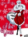  2022 5_fingers anthro big_breasts blue_eyes breasts cleavage clothed clothing coat digital_media_(artwork) english_text felid female fingers fur grey_nose hair hat headgear headwear high_heels holidays humanoid_hands hybrid long_hair mammal max_blackrabbit mephitid new_year pantherine signature skunk smile snowflake solo standing striped_body striped_fur stripes text tiger topwear white_body white_fur white_hair zig_zag 