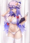  1girl annoyed book bow bra breasts cleavage closed_mouth crescent crescent_hat_ornament eyebrows_visible_through_hair frown hair_bow hat_ornament highres holding holding_book large_breasts long_hair looking_at_viewer momendoufu navel open_mouth panties patchouli_knowledge purple_eyes purple_hair red_bow revision solo touhou underwear white_bra white_panties 
