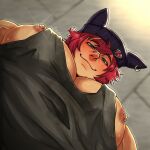  1boy absurdres bara beanie foreshortening glint hat highres large_pectorals league_of_legends looking_at_viewer looking_down male_focus meme muscular muscular_male nipple_slip nipples pectoral_cleavage pectoral_focus pectorals photo-referenced red_hair renishi9 scar scar_on_face scar_on_nose sett_(league_of_legends) short_hair sidepec solo tank_top thick_eyebrows upper_body yur_oc_like_this_(meme) 