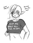 alien alien_humanoid breasts clothed clothing dialogue disney english_text eyebrows female fingers hair hi_res humanoid humanoid_pointy_ears inuyuru long_hair lord_dominator monochrome navel not_furry shirt solo text topwear wander_over_yonder