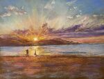  1boy 1girl beach cloud cloudy_sky highres horizon norako_pastel ocean orange_sky original painting_(medium) pastel_(medium) shadow shore sky sunrise traditional_media water 