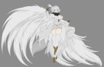  1girl absurdres animal_ears animal_hands bird_ears bird_legs breasts claws commission dress english_commentary fchimaera feathered_wings feathers flower grey_background harpy highres holding holding_flower large_breasts mixed-language_commentary monster_girl neck_fur open_mouth original simple_background solo tiara white_dress white_feathers white_flower white_wings winged_arms wings yellow_eyes 