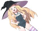  1girl blonde_hair blush breasts commentary_request green_eyes hat henry_bird_9 highres large_hat long_hair looking_at_viewer name_tag one-piece_swimsuit open_mouth original school_swimsuit small_breasts smile solo striped_clothes striped_thighhighs swimsuit thighhighs very_long_hair witch_hat 