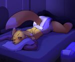 ambiguous_gender anthro arzdin bandai_namco bed blush canid canine clothed clothing diaper digimon digimon_(species) fox furniture grumpy lights_off lying mammal night on_front one_eye_closed pillow raised_tail renamon solo tail underwear wearing_diaper