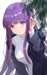  1girl absurdres black_robe blunt_bangs dress fern_(sousou_no_frieren) highres huahu_(unstoppable) long_hair long_sleeves looking_at_viewer open_clothes open_robe purple_eyes purple_hair robe smile solo sousou_no_frieren straight_hair white_dress 