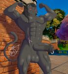 absurd_res anthro balls big_balls big_penis black_body detailed_background domestic_cat ear_piercing epic_games felid feline felis flexing flexing_bicep fortnite genital_piercing genitals hi_res humanoid male mammal meowscles meowscles_(shadow) muscular muscular_anthro muscular_male nipple_piercing nipples penis penis_piercing piercing purradise_meowscles red_eyes scar shifter_gamer smile smiling_at_viewer smirk smirking_at_viewer solo