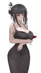  1girl absurdres alc.3vol alcohol arm_tattoo arm_under_breasts barcode barcode_tattoo black_bra black_dress black_hair bra breast_tattoo breasts butterfly_tattoo covered_navel cup curvy d_(killer_wife)_(nikke) d_(nikke) dongtan_dress dress drinking_glass folded_ponytail goddess_of_victory:_nikke hair_ornament hairclip highres holding holding_cup large_breasts long_hair looking_at_viewer meme_attire narrow_waist pencil_dress red_eyes sidelocks simple_background solo tattoo taut_clothes taut_dress underwear white_background wide_hips wine wine_glass 