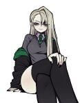  1girl black_nails breasts crossed_legs draco_malfoy english_commentary genderswap genderswap_(mtf) grey_eyes grey_hair grizz harry_potter_(series) highres long_hair looking_at_viewer medium_breasts necktie simple_background sitting smile solo thighhighs white_background wizarding_world 