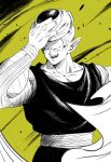  1boy antennae collarbone dougi dragon_ball fangs green_background greyscale_with_colored_background highres piccolo pointy_ears removing_cape removing_headwear sekitsuki_hayato shirt sleeveless sleeveless_shirt solo upper_body 