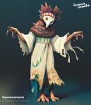 2023 accessory alvaro_sierra ambiguous_anthro ambiguous_gender animal_mask anthro avian barefoot beak_mask bird blue_background brown_body brown_feathers chicken chromatic_aberration clothed clothing dirty_clothing european_mythology feathered_crest feathers feet front_view full-length_portrait fully_clothed galliform gallus_(genus) head_crest headband heel_claw hi_res looking_at_viewer mask mythological_avian mythological_creature mythology neck_tuft phasianid portrait pose quarantamaula robe simple_background spanish_mythology species_name standing text torn_clothing tuft yellow_eyes