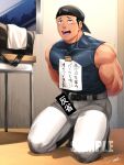  1boy backwards_hat bara baseball black_hair blush bound bound_wrists bulge hat highres kneeling male_focus muscular muscular_male original short_hair sportswear tepen_(tptptpn) uniform very_short_hair 