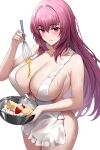  1girl absurdres apron blush breasts cleavage closed_mouth fate/grand_order fate_(series) food fruit highres holding holding_whisk jasony large_breasts long_hair looking_at_viewer naked_apron purple_hair red_eyes scathach_(fate) simple_background solo strawberry whisk white_apron white_background 