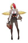  1girl animal_on_head bird bird_on_head black_gloves blonde_hair coat earrings feathered_wings full_body gloves hand_on_own_hip highres jewelry ldschem16 looking_at_viewer multicolored_hair necktie niwatari_kutaka on_head open_clothes open_coat red_eyes red_hair red_necktie shirt simple_background solo touhou two-tone_hair white_background white_shirt wings 