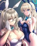  2girls adjusting_eyewear akane_(blue_archive) akane_(bunny)_(blue_archive) animal_ears backless_outfit bare_shoulders blue_archive blue_bow blue_bowtie blue_eyes bow bowtie braid breasts brown_eyes brown_hair commentary_request detached_collar earpiece earrings fake_animal_ears fake_tail french_braid glasses gloves groin hair_between_eyes hair_down halo highleg highleg_leotard highres jewelry large_breasts leotard light_brown_hair long_hair looking_at_viewer medium_breasts multicolored_hair multiple_girls official_alternate_costume official_alternate_hairstyle plaid_shawl playboy_bunny rabbit_ears rabbit_pose rabbit_tail shawl sidelocks simple_background smile strapless strapless_leotard streaked_hair substance20 tail toki_(blue_archive) toki_(bunny)_(blue_archive) two-tone_hair white_gloves white_leotard wrist_cuffs 