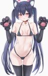  1girl absurdres animal_ears animal_hands bikini black_bikini black_gloves black_thighhighs blue_archive blue_ribbon blush closed_mouth commentary_request elbow_gloves gloves grey_background hair_between_eyes hair_ribbon highres kyureizi long_hair looking_at_viewer paw_gloves red_eyes ribbon serika_(blue_archive) simple_background solo swimsuit thighhighs twintails 