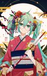  1girl 2022 ahoge arrow_(projectile) bangs bell branch chinese_commentary closed_mouth commentary_request cowboy_shot flower glasses green_eyes green_hair hair_bell hair_between_eyes hair_flower hair_ornament hamaya hatsune_miku head_tilt highres holding holding_arrow hua_ben_wuming japanese_clothes kimono long_hair long_sleeves looking_at_viewer nengajou new_year obi obijime sash smile solo translated twintails v-shaped_eyebrows vocaloid wide_sleeves 