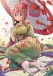 1girl arm_support ass bangs blurry blurry_foreground blush breasts closed_mouth commentary_request depth_of_field eyebrows_visible_through_hair floral_print flower green_kimono hair_flower hair_ornament high_ponytail highres holding holding_umbrella japanese_clothes kimono kotatsu_(kotatsu358) large_breasts long_hair long_sleeves looking_at_viewer neet_de_otaku_na_kunoichi_to_naze_ka_dousei_hajimemashita no_shoes obi oil-paper_umbrella petals pink_hair ponytail print_kimono purple_eyes reclining red_flower sash scroll shizuri_(neet_de_otaku_na_kunoichi_to_naze_ka_dousei_hajimemashita) sidelocks simple_background smile soles solo tabi umbrella underbust very_long_hair white_background white_legwear wide_sleeves 