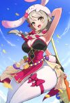  1girl absurdres animal_ears animal_hat ankle_ribbon anklet armpits axe bare_arms blue_sky blush braid braided_ponytail breasts brown_eyes brown_hair carrot easter easter_egg egg falling_petals fire_emblem fire_emblem_engage fire_emblem_heroes flower_ornament framme_(fire_emblem) framme_(spring)_(fire_emblem) gonzarez hat highres holding holding_axe jewelry leg_ribbon looking_at_viewer multicolored_hair open_mouth pantyhose petals rabbit_ears rabbit_hat rabbit_tail ribbon sky smile solo tail two-tone_hair white_pantyhose 