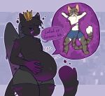 ace_(acespade) anthro black_body bottomwear clothed clothing crown doki_(cerealstrike) domestic_cat dragon duo felid feline felis fur goo_creature headgear heterochromia hi_res licking licking_lips licking_own_lips male male/male mammal mythological_creature mythological_scalie mythology partially_clothed purple_body ren_(nootsponge) royalty scalie tail thick_thighs tight_bottomwear tight_clothing tongue tongue_out vore white_body white_fur wide_hips wings