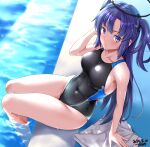  1girl artist_name black_one-piece_swimsuit blue_archive blush breasts collarbone competition_swimsuit covered_navel dated hair_between_eyes halo long_hair looking_at_viewer mechanical_halo medium_breasts one-piece_swimsuit poolside purple_eyes purple_hair sitting solo swimsuit towel tsuchimiya two-tone_swimsuit water yuuka_(blue_archive) 