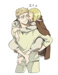  1boy 1girl absurdres blonde_hair brown_cloak carrying carrying_person cloak closed_eyes closed_mouth cropped_legs dungeon_meshi elf findoworld highres laios_thorden long_hair long_sleeves looking_at_another looking_back marcille_donato open_mouth pants piggyback pointy_ears shirt short_hair simple_background sleeping smile white_background white_pants white_shirt 
