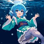  1girl 999_(hansode) :d air_bubble aqua_kimono blue_eyes blue_hair bubble commentary_request fins frilled_kimono frills full_body hands_up head_fins highres japanese_clothes kimono long_sleeves looking_at_viewer mermaid monster_girl obi open_mouth pixel_art sash short_hair smile solo touhou underwater wakasagihime water wide_sleeves 