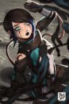  1girl animification apex_legends artist_name black_bodysuit black_gloves black_hair black_lips blue_eyes blue_hair bodysuit breasts cable catalyst_(apex_legends) clothing_cutout english_commentary frown gloves hair_behind_ear highres leaning_back liquid looking_at_viewer multicolored_hair nica_(robbeary) shadow short_hair shoulder_cutout small_breasts solo streaked_hair 