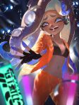  1girl air_bubble aqua_eyes black_bra black_gloves blue_hair bra breasts brown_hair bubble cephalopod_eyes cleavage commentary dark-skinned_female dark_skin fangs fingerless_gloves gloves glowstick gradient_hair headphones highres jacket long_hair marina_(splatoon) midriff mole mole_under_mouth multicolored_hair navel octoling open_clothes open_jacket open_mouth orange_jacket orange_pants pants penlight_(glowstick) reaching reaching_towards_viewer sizu small_breasts solo splatoon_(series) splatoon_3 suction_cups sweat symbol-only_commentary tentacle_hair twitter_username two-tone_hair underwear 