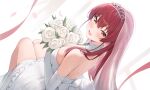  1girl absurdres alternate_costume bare_shoulders bouquet breasts bridal_veil cleavage commentary_request dress flower heterochromia highres holding holding_bouquet hololive houshou_marine large_breasts long_hair looking_at_viewer open_mouth red_eyes red_hair rei_(ilust9999) rose thighs tiara veil virtual_youtuber wedding_dress white_dress white_flower white_rose yellow_eyes 