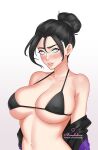  1girl absurdres apex_legends artist_name bikini black_bikini black_jacket blue_eyes blush covered_nipples earrings hair_behind_ear hair_bun heart highres jacket jewelry looking_at_viewer ms_melodine navel off_shoulder parted_lips ponytail single_hair_bun smile solid_eyes solo swimsuit upper_body web_address white_background wraith_(apex_legends) 