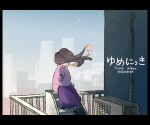  1girl air_conditioner alternate_hairstyle border braid brown_hair cityscape commentary_request copyright_name crossed_arms english_text faceless full_body hair_over_eyes long_sleeves madotsuki medium_hair outdoors pink_shirt purple_skirt railing shirt skirt snow solo stairs tamanoha_(cookware) twitter_username yume_nikki 