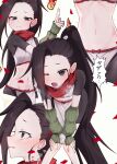  1girl absurdres arm_warmers black_eyes black_hair chen_yan closed_mouth compression_shirt crop_top falling_petals hands_on_own_knees heart highres kuji-in kunoichi_tsubaki_no_mune_no_uchi leaning_forward looking_at_viewer midriff multiple_views navel one_eye_closed open_mouth petals short_sleeves simple_background translation_request trembling tsubaki_(kunoichi_tsubaki_no_mune_no_uchi) undercut wavy_mouth white_background 