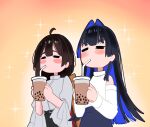  2girls =_= absurdres ahoge belt black_belt black_hair blue_hair blue_skirt blunt_bangs blunt_ends blush_stickers bubble_tea character_request closed_eyes clothing_cutout colored_inner_hair commentary cowboy_shot cup detached_sleeves disposable_cup double-parted_bangs drink drinking drinking_straw english_commentary gradient_background hair_intakes hands_up highres hime_cut holding holding_cup holding_drink hololive hololive_english koizumi_arata long_hair long_sleeves multicolored_hair multiple_girls official_alternate_costume official_alternate_hair_length official_alternate_hairstyle orange_background ouro_kronii ouro_kronii_(casual) sally_(ouro_kronii) shirt shoulder_cutout sidelocks simple_background skirt sleeveless sleeveless_turtleneck standing tea turtleneck very_long_hair virtual_youtuber white_shirt white_sleeves yellow_background 