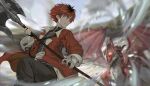  1boy axe bandaged_arm bandages battle_axe black_hair coat dragon highres holding holding_axe male_focus mmi_ryu multicolored_hair red_coat red_hair solo sousou_no_frieren stark_(sousou_no_frieren) two-tone_hair weapon 
