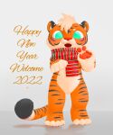  2022 5_fingers absurd_res anthro belly fairycatcreation felid fingers fur gesture green_eyes greeting hi_res holidays humanoid male mammal new_year new_year_2022 orange_body orange_fur pantherine red_nose scarf simple_background smile solo speech_bubble stripes tiger waving white_belly 