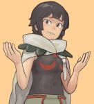  1girl absurdres bangs black_hair brown_eyes chanta_(ayatakaoisii) covered_navel hands_up highres looking_at_viewer parted_lips pokemon pokemon_(game) pokemon_oras short_hair simple_background smile solo yellow_background zinnia_(pokemon) 