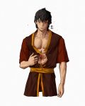  1boy abs absurdres avatar:_the_last_airbender avatar_legends black_hair brown_eyes burn_scar character_name collarbone highres male_focus muscular muscular_male open_clothes open_robe orange_sash patrick_ganas pectorals red_robe robe scar scar_across_eye scar_on_face scar_on_stomach short_hair simple_background solo torn_clothes upper_body white_background zuko 