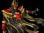  1boy alchemisdriver alchemist armor black_armor black_background cape driver_(kamen_rider) gem glowing gold_armor gold_horns gold_trim highres horns jewelry kamen_rider kamen_rider_gotchard_(series) kamen_rider_wind male_focus open_hand outstretched_arms red_eyes red_gemstone rider_belt ring spread_arms tokusatsu yamanaka_man 