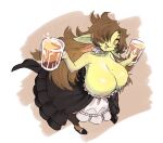 2023 alcohol areola areola_slip beer beverage big_breasts black_clothing black_dress breasts brown_hair cleavage clothed clothing dress ears_down eyeshadow female glistening glistening_body goblin green_body green_skin hair hair_over_eye hi_res high-angle_view holding_beer holding_mug holding_object huge_breasts humanoid humanoid_pointy_ears inkoart looking_at_viewer makeup mole_on_breast mug not_furry one_eye_obstructed pivoted_ears smile solo