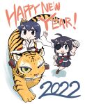  2022 2girls ahoge bamboo_shoot black_hair black_serafuku blue_eyes braid brown_eyes chinese_zodiac detached_sleeves eyepatch hair_flaps hair_ornament hair_over_shoulder happy_new_year highres japanese_clothes kantai_collection multiple_girls necktie new_year nontraditional_miko red_necktie remodel_(kantai_collection) riding school_uniform seiran_(mousouchiku) serafuku shigure_(kancolle) short_hair single_braid tiger wide_sleeves yamashiro_(kancolle) year_of_the_tiger 