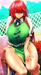  1girl arm_behind_back bangs bare_legs blue_eyes blurry blurry_background braid breasts closed_mouth collared_shirt dutch_angle feet_out_of_frame flower frilled_sleeves frills hand_rest highres hong_meiling huge_breasts koyubi_(littlefinger1988) long_hair looking_at_viewer neck_ribbon no_headwear panty_straps parted_bangs red_hair ribbon scar scar_on_arm scar_on_cheek scar_on_face scar_on_leg shirt short_sleeves sitting skindentation skirt smile solo taut_clothes taut_vest touhou twin_braids very_long_hair vest wing_collar 